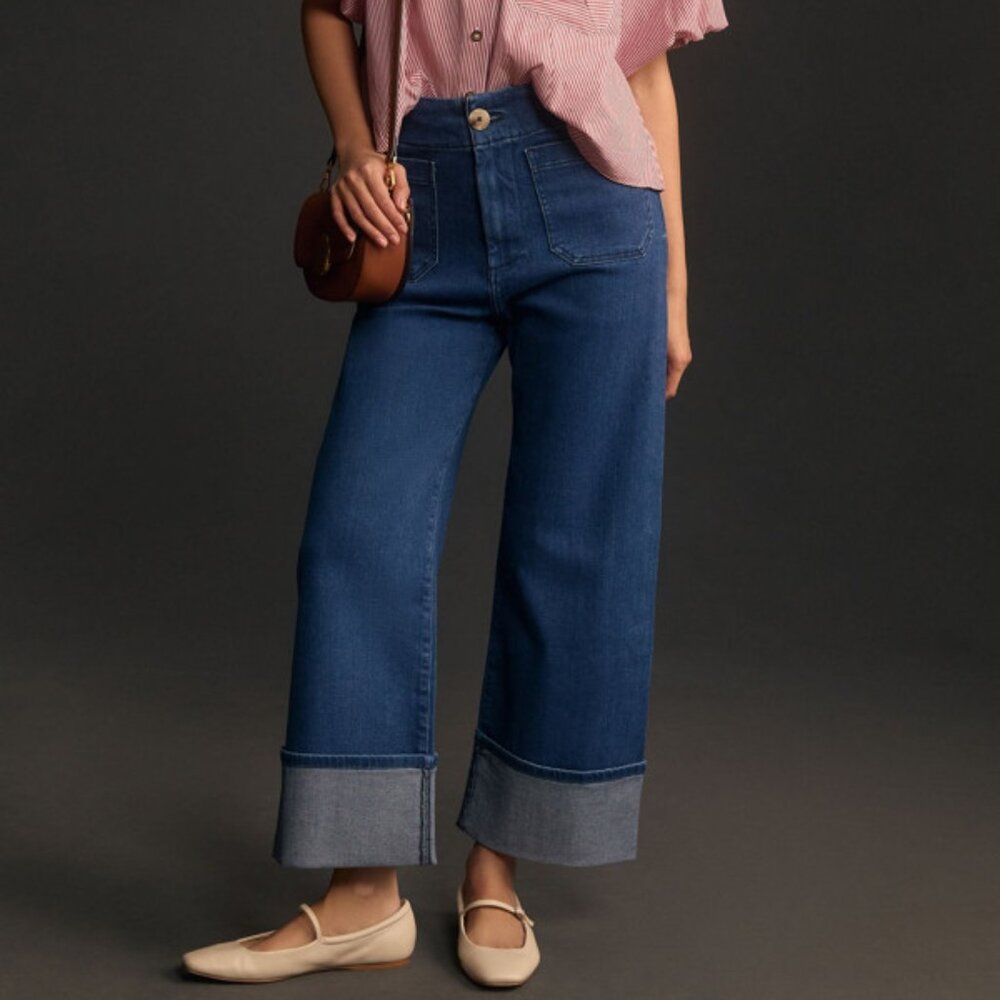 Anthropologie Dark Blue Wide-Leg Cuffed Jeans
